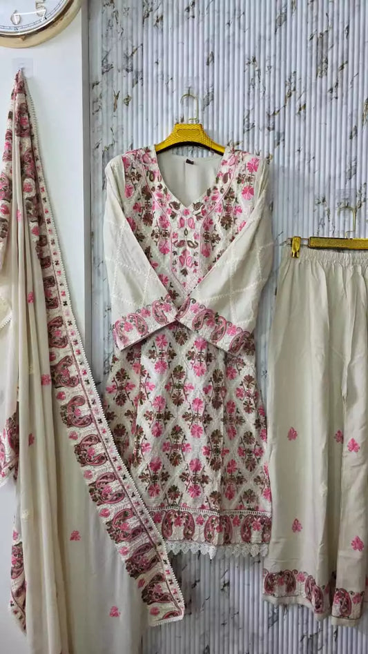 Rayon Kashmiri Embroidered Readymade Suit With EMb Dupatta & Emb Plazo