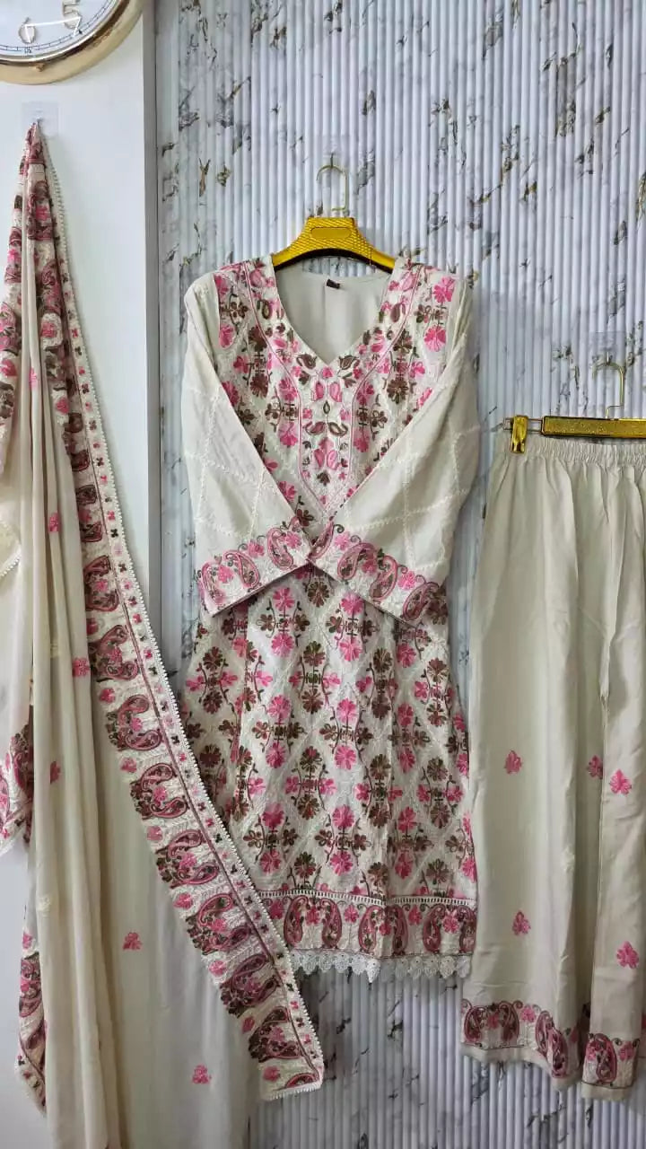 Rayon Kashmiri Embroidered Readymade Suit With EMb Dupatta & Emb Plazo