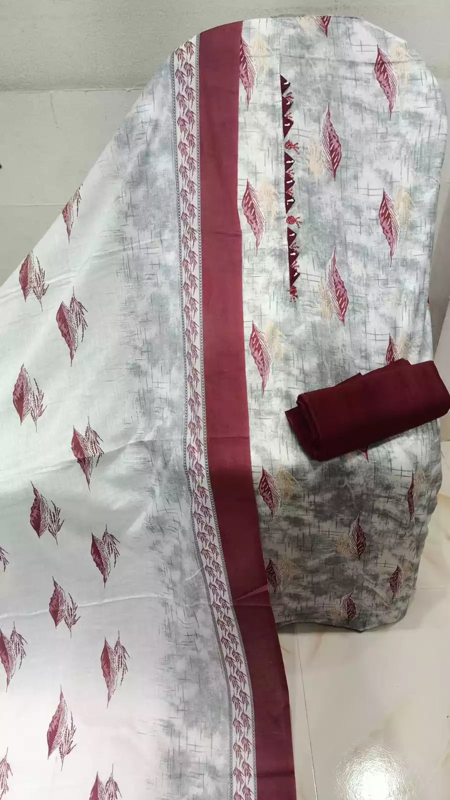 Unstitched Suit with Neck Embroidery & Cotton Dupatta