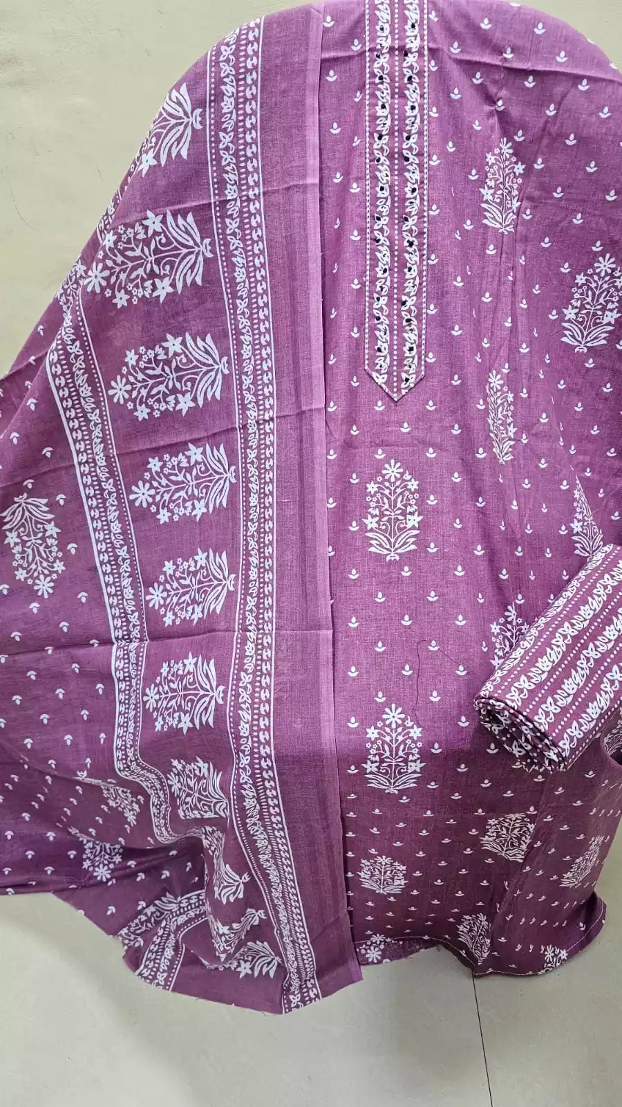 Unstitched Suit with Neck Embroidery & Cotton Dupatta