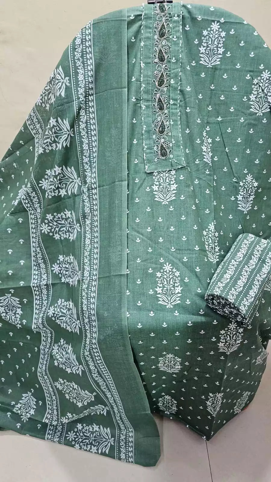 Unstitched Suit with Neck Embroidery & Cotton Dupatta