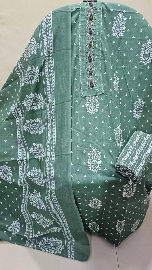 Unstitched Suit with Neck Embroidery & Cotton Dupatta