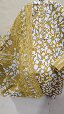 Unstitched Suit with Neck Embroidery & Cotton Dupatta