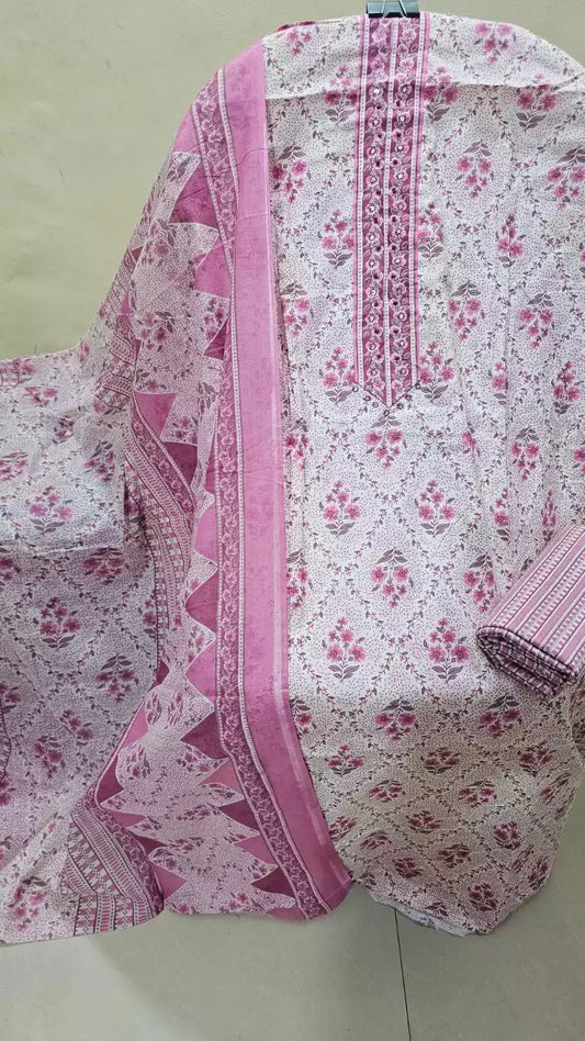 Unstitched Suit with Neck Embroidery & Cotton Dupatta