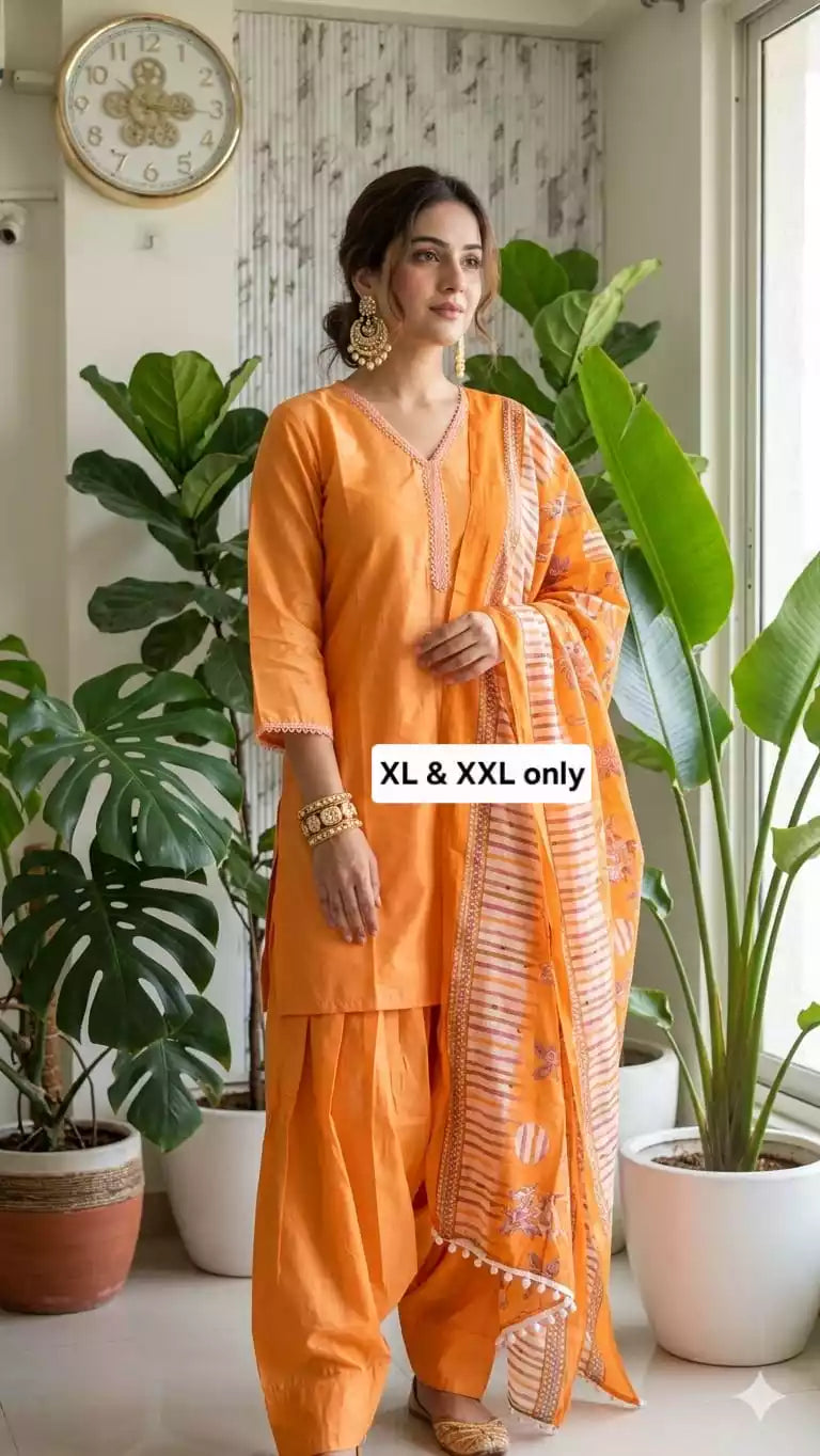 readymade cotton suit with printed dupatta in orange color, featuring a stylish Farshi Salwar design, perfect for comfort.