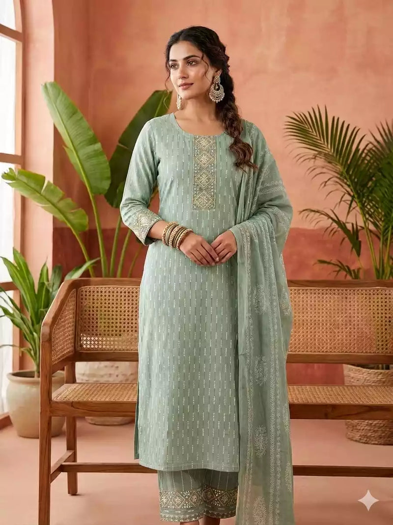 Rayon Embroidered Readymade Suit With Cotton Dupatta & Rayon Emb Bottom