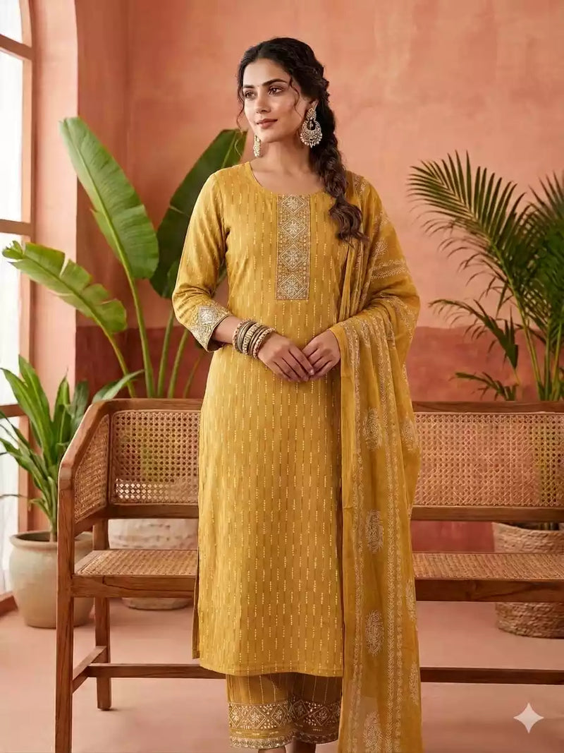 Rayon Embroidered Readymade Suit With Cotton Dupatta & Rayon Emb Bottom