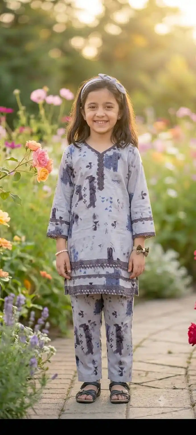 Gray Blue Pattern Karachi Lace Co-Ord