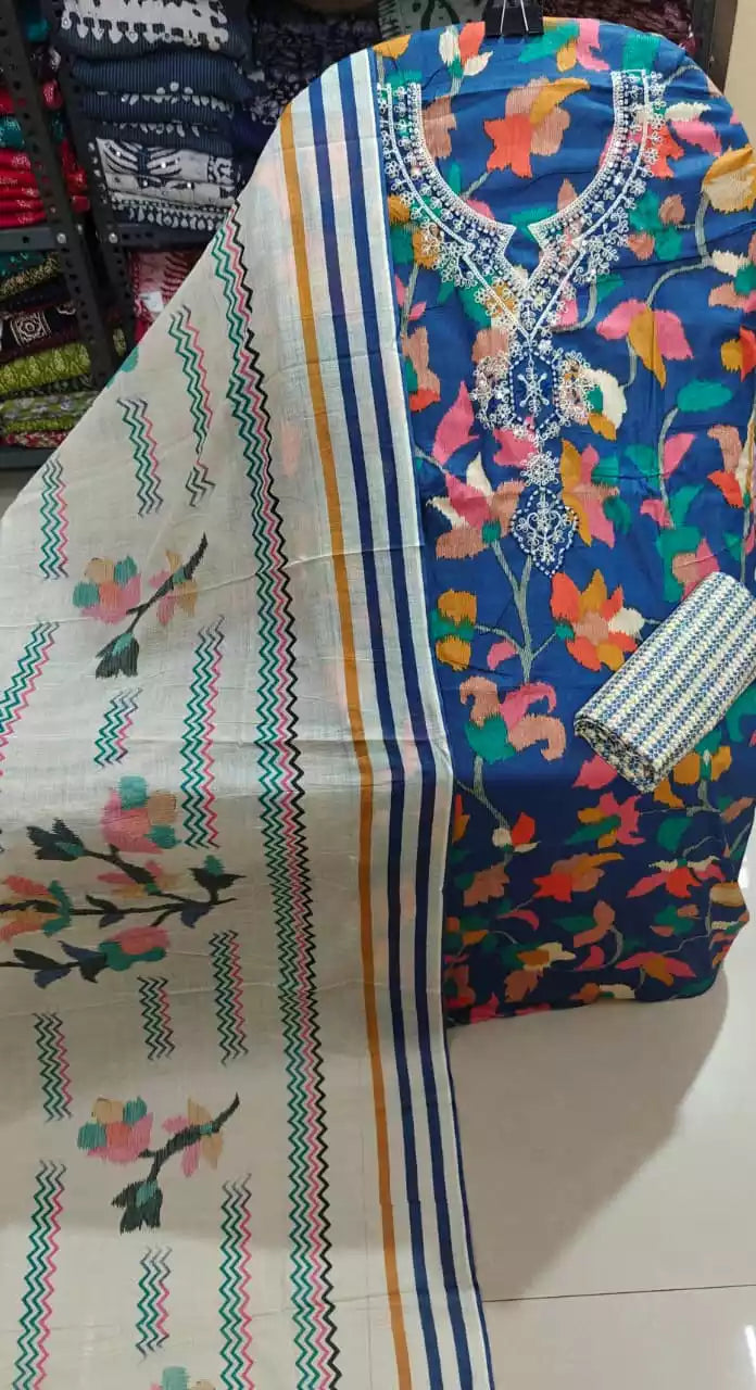 Royal Blue Multicolor Floral Print Cotton Unstitched Suit With Beadwork by ASC Fashion Store