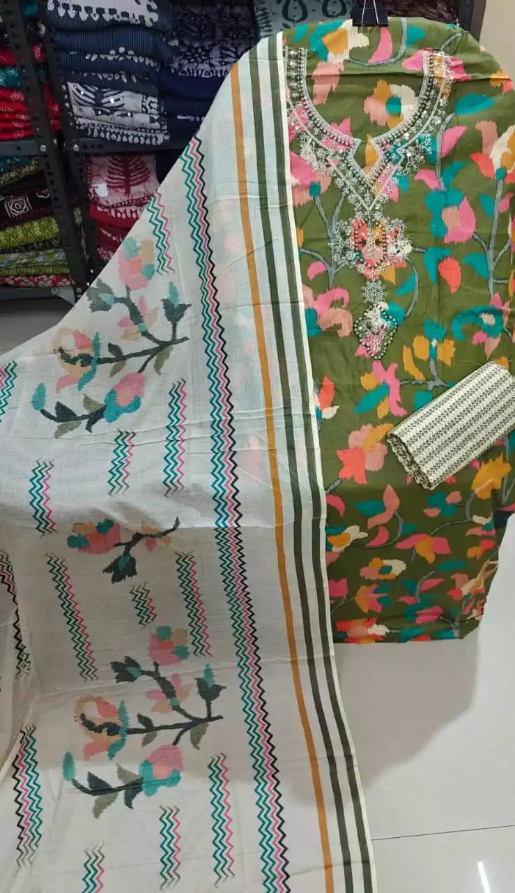 Daily Wear Olive Green Chevron Print Cotton Unstitched Suit  by ASC Fashion Store