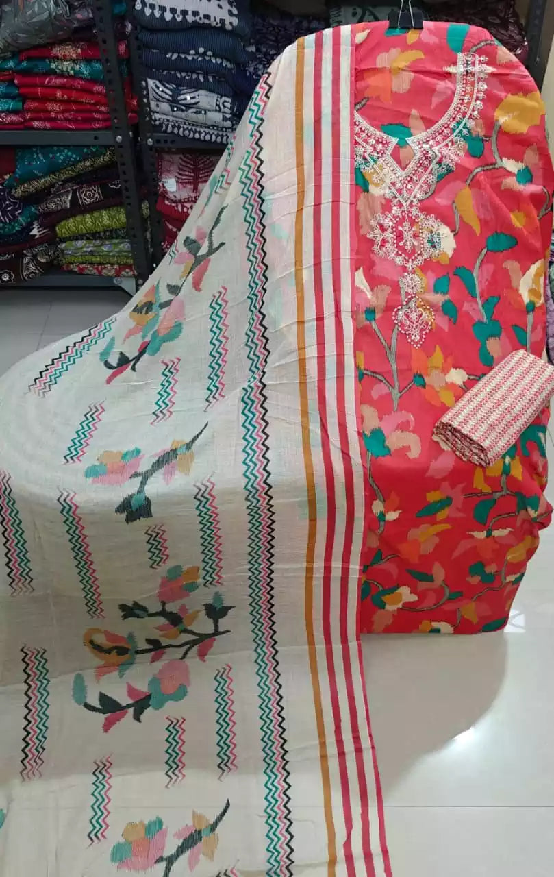 Daily Wear Brick Red Floral Print Cotton Unstitched Suit With Multicolor Patch by ASC Fashion Store