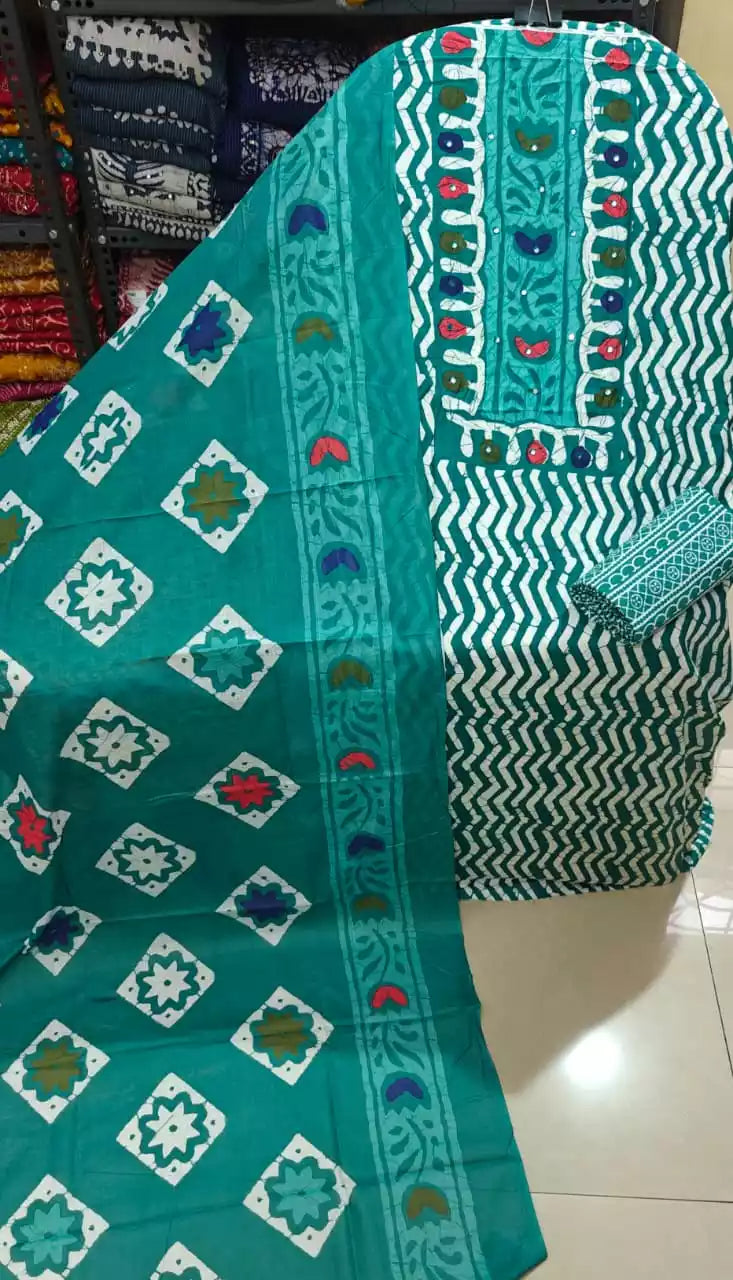 Daily Wear Teal Chevron Print Cotton Unstitched Suit With Mirror Work by ASC Fashion Store