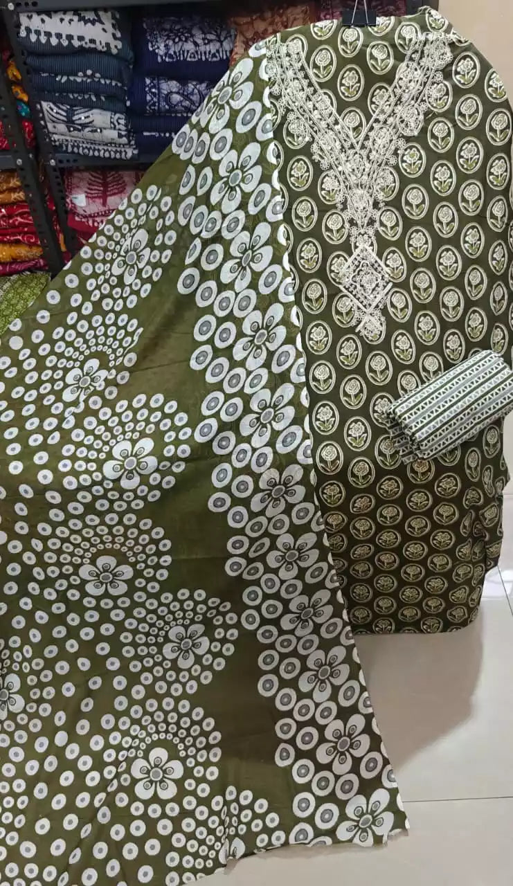 olive green floral cotton unstitched suit with lace embroidery and floral print design.