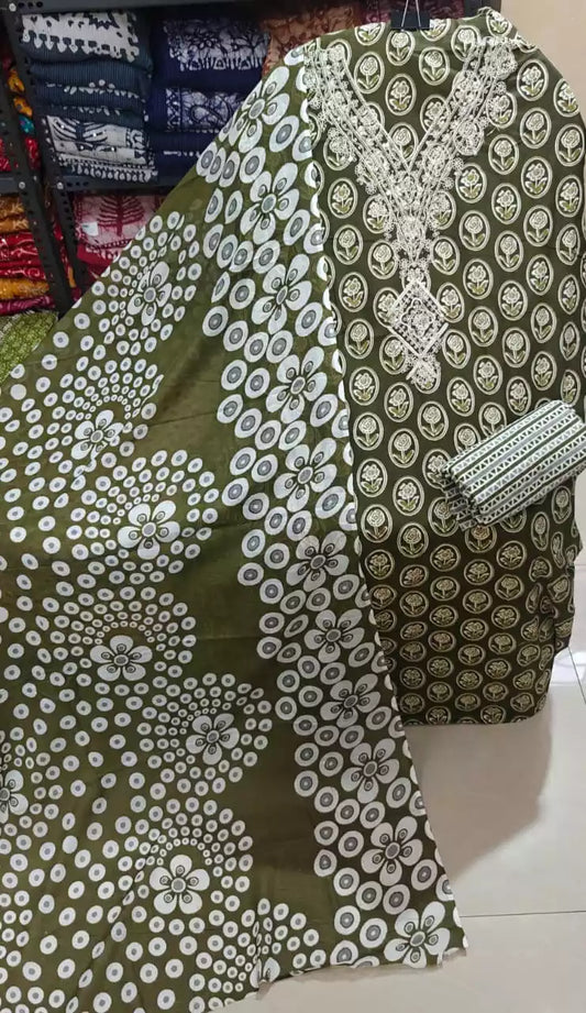 olive green floral cotton unstitched suit with lace embroidery and floral print design.