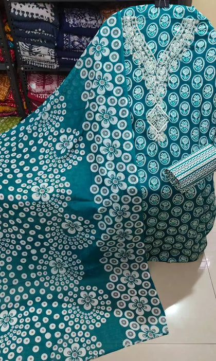 Daily Wear Teal Floral Ring Print Cotton Unstitched Suit With Lace Embroidery by ASC Fashion Store