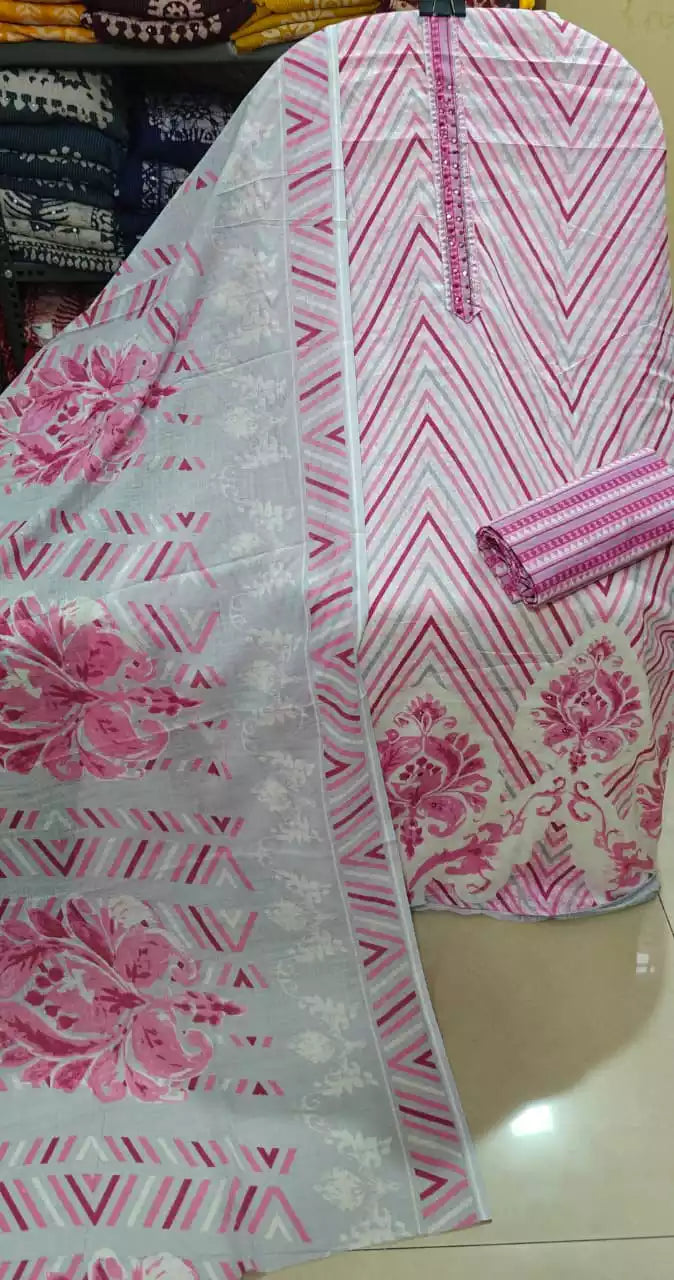 Daily Wear Pink Floral Zigzag Print Cotton Unstitched Suit by ASC Fashion Store