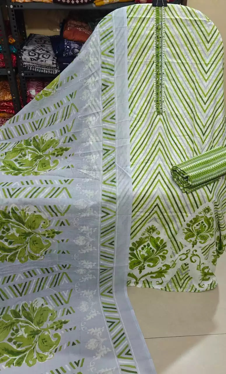 Daily Wear Olive Green Floral Zigzag Print Cotton Unstitched Suit by ASC Fashion Store