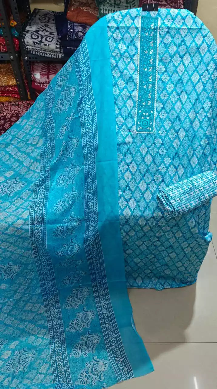 Sky blue diamond print cotton suit by ASC Fashion Store, showcasing the intricate diamond jaal print and embroidered neck patch.