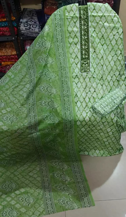 olive green embroidered unstitched suit showcasing diamond print and embroidered neck detail by ASC Fashion Store.