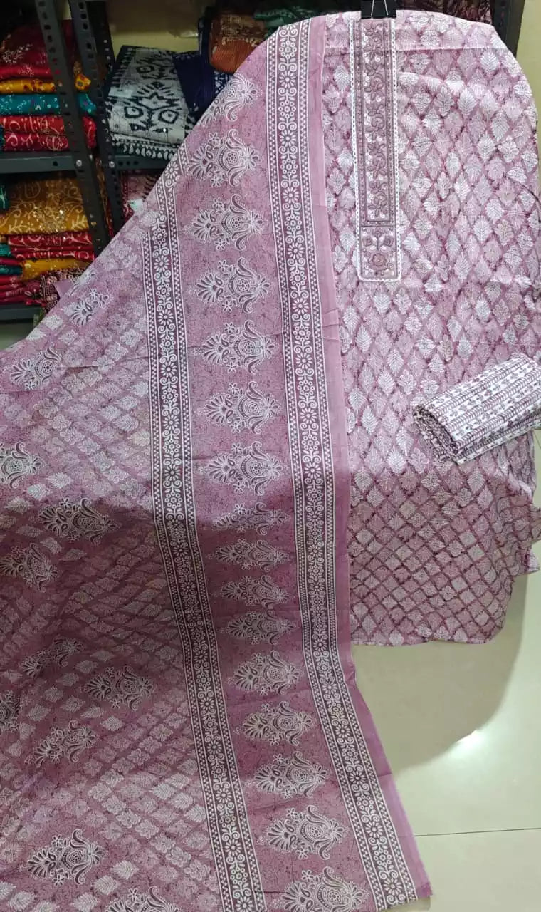 Dusty pink embroidered cotton suit with diamond print and embroidered neck by ASC Fashion Store.