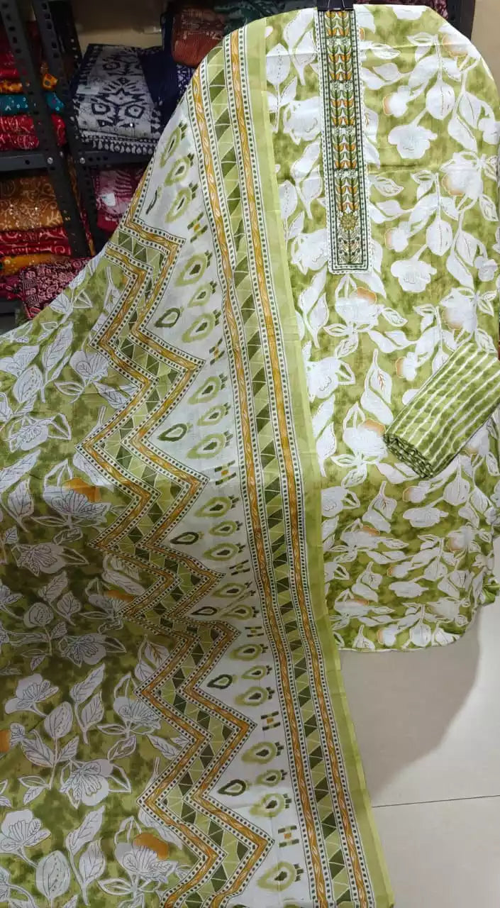 Olive green floral print unstitched suit with intricate beadwork and matching dupatta by ASC Fashion Store.