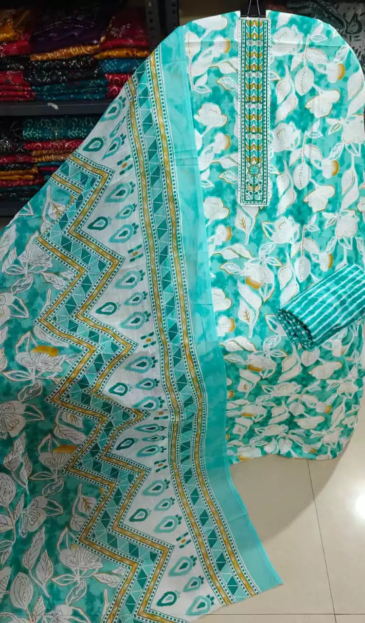 Sky blue floral print unstitched suit with elegant beadwork and matching dupatta.