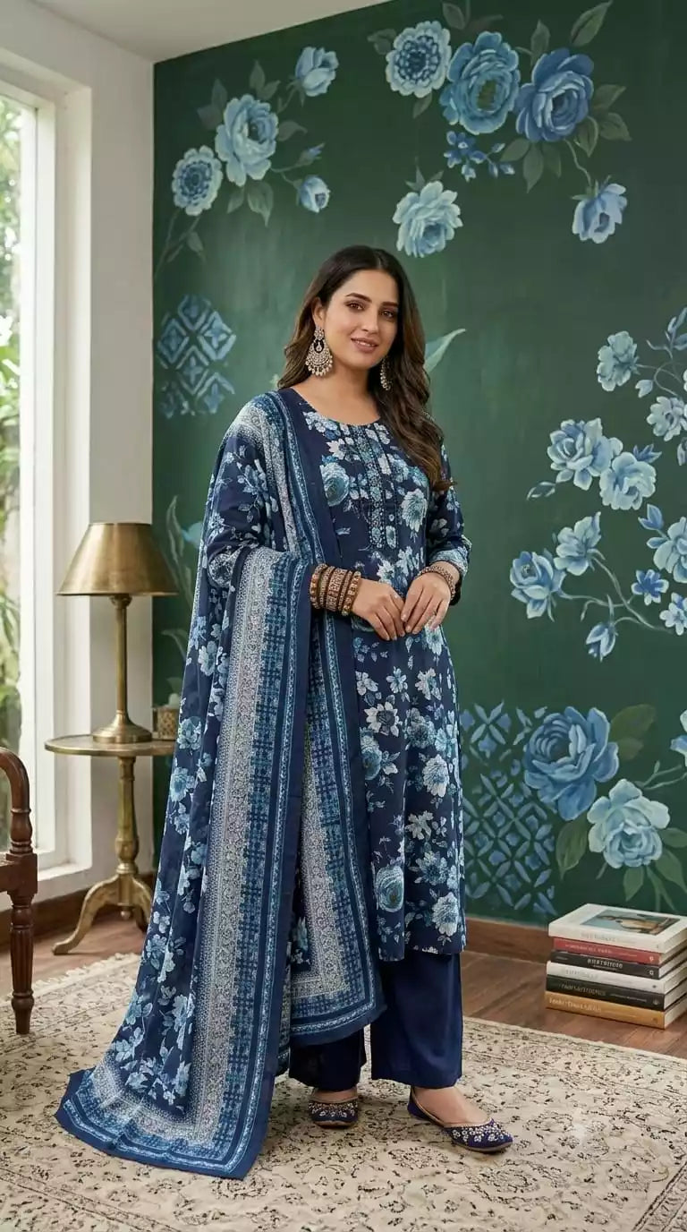 blue Floral Print Soft Cotton Suit Set with Embroidered Neck & Cotton Dupatta