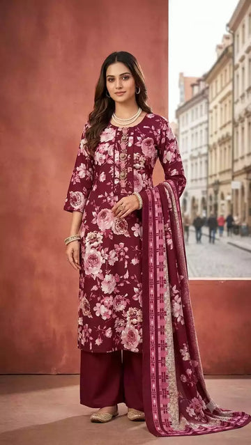 Red Floral Print Soft Cotton Suit Set with Embroidered Neck & Cotton Dupatta