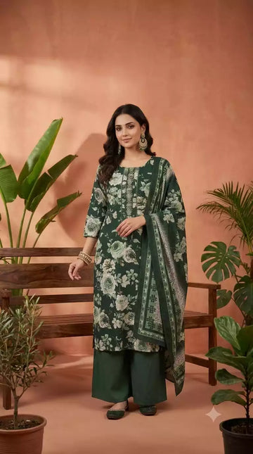 Green Floral Print Soft Cotton Suit Set with Embroidered Neck & Cotton Dupatta