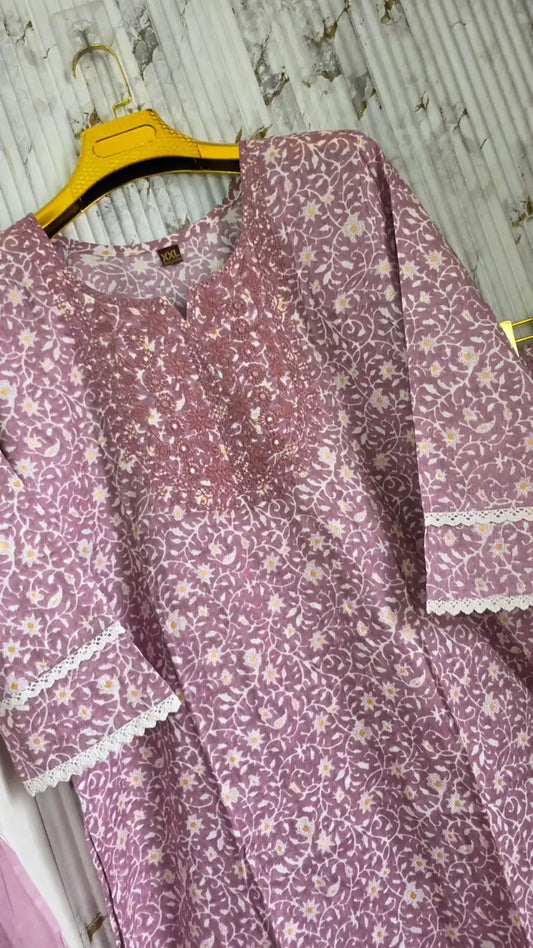 Purple traditional printed cotton pant set