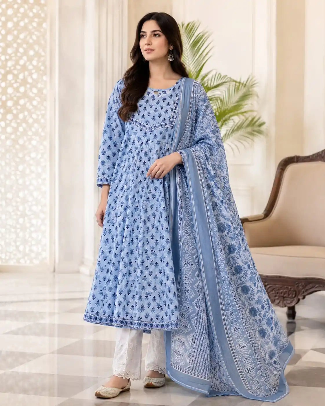 Sky Blue Printed Cotton Anarkali Suit Set by ASC