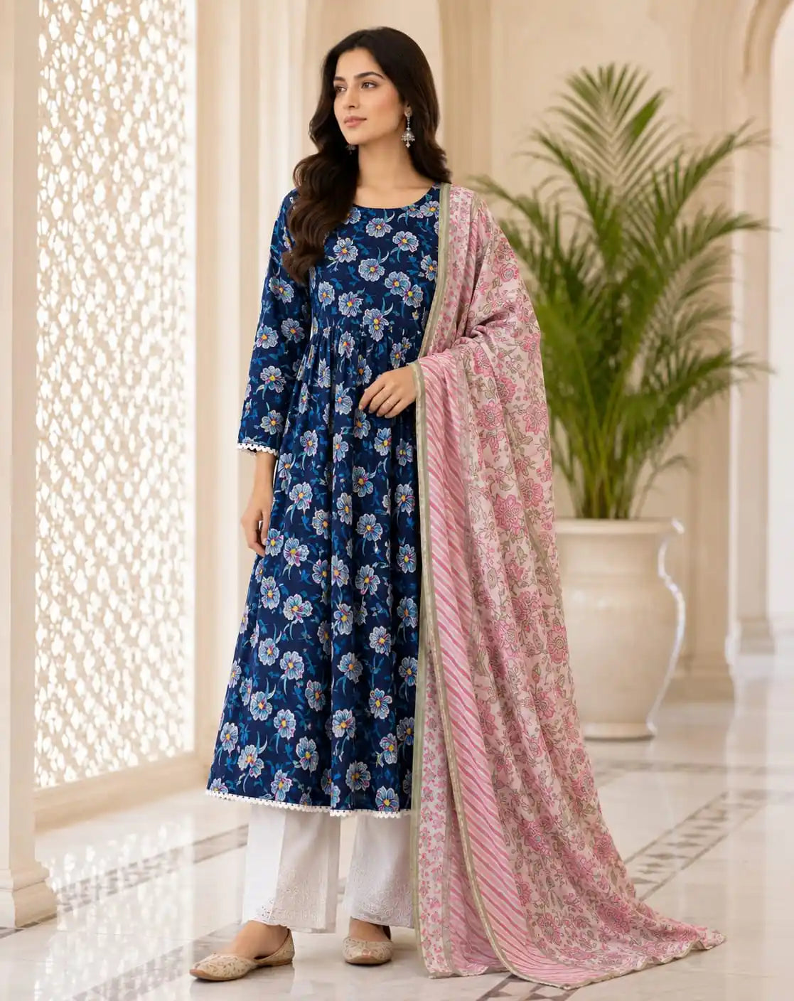 Premium Blue Flower Print Cotton Anarkali Kurta Set by ASC