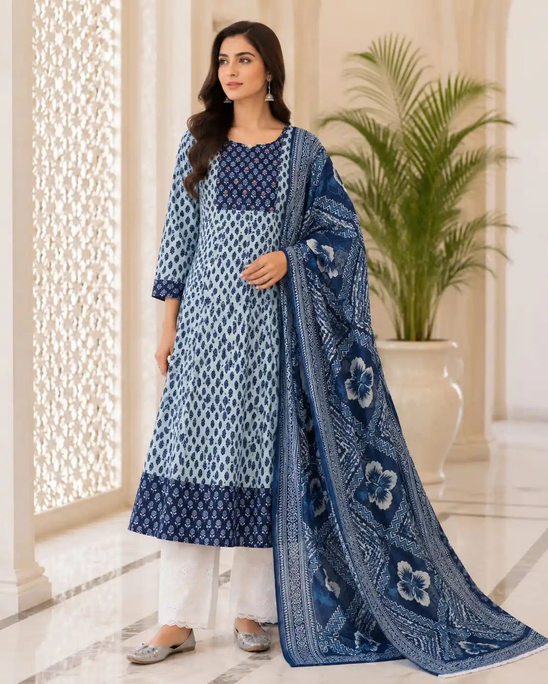 Daily Grace Sky Blue Printed Cotton Anarkali Suit by ASC