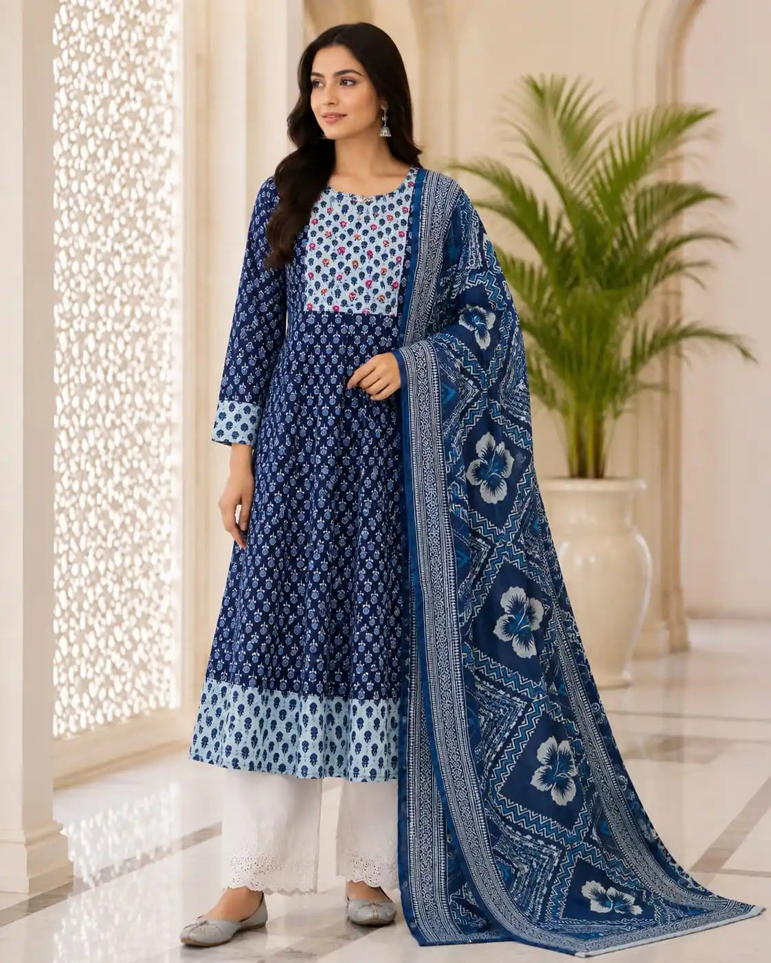 Navy Blue Cotton Anarkali suit  by ASC