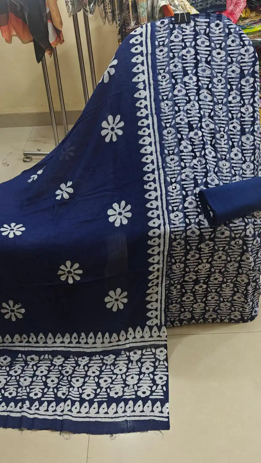 Royal indigo blue 3-piece unstitched cotton dress material showcasing traditional hand block style batik prints and a matching motif dupatta by ASC.