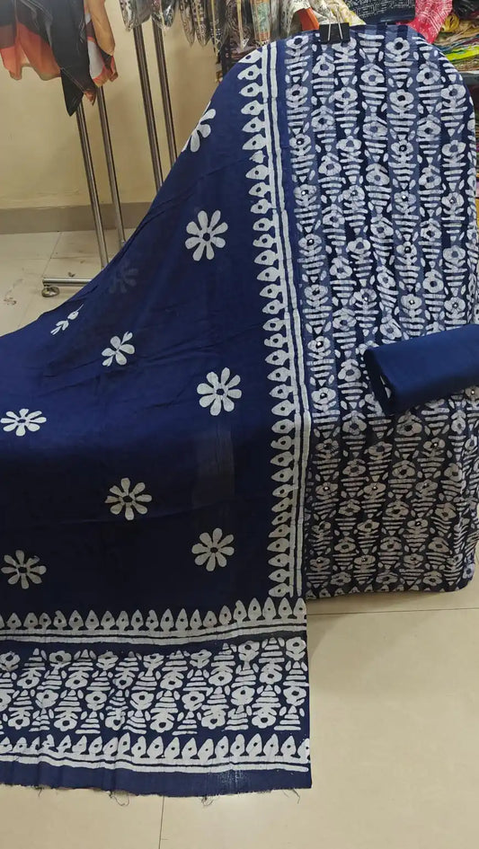Royal indigo blue 3-piece unstitched cotton dress material showcasing traditional hand block style batik prints and a matching motif dupatta by ASC.