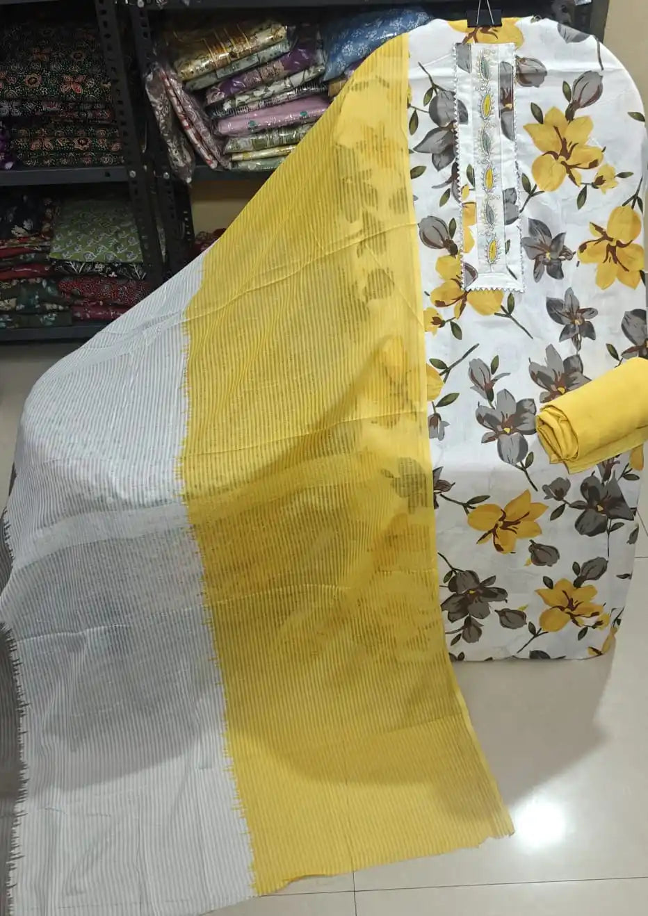 Yellow Floral Cotton Unstitched Dress Material by ASC