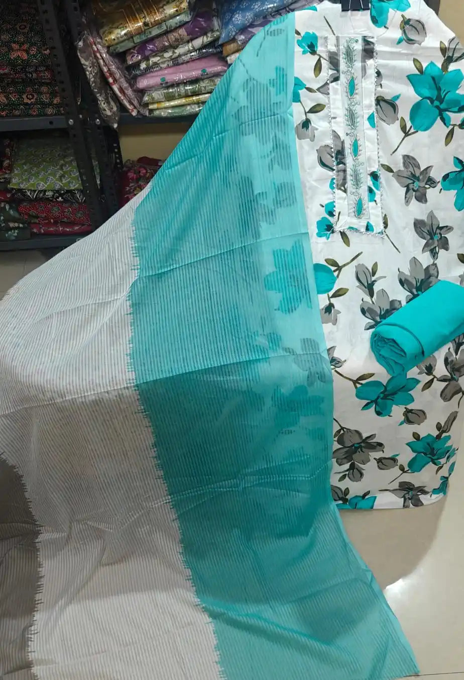 Blue Floral Cotton Unstitched Dress Material by ASC