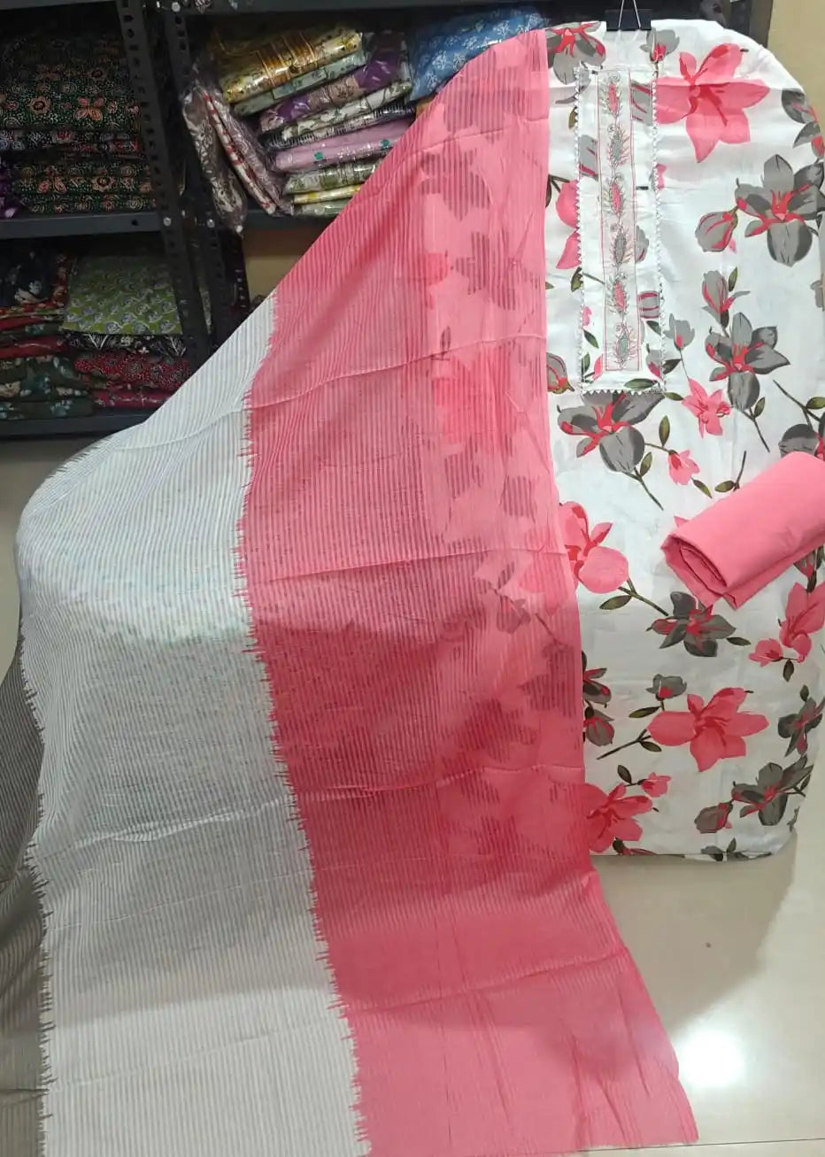 Pink Floral Cotton Unstitched Dress Material by ASC