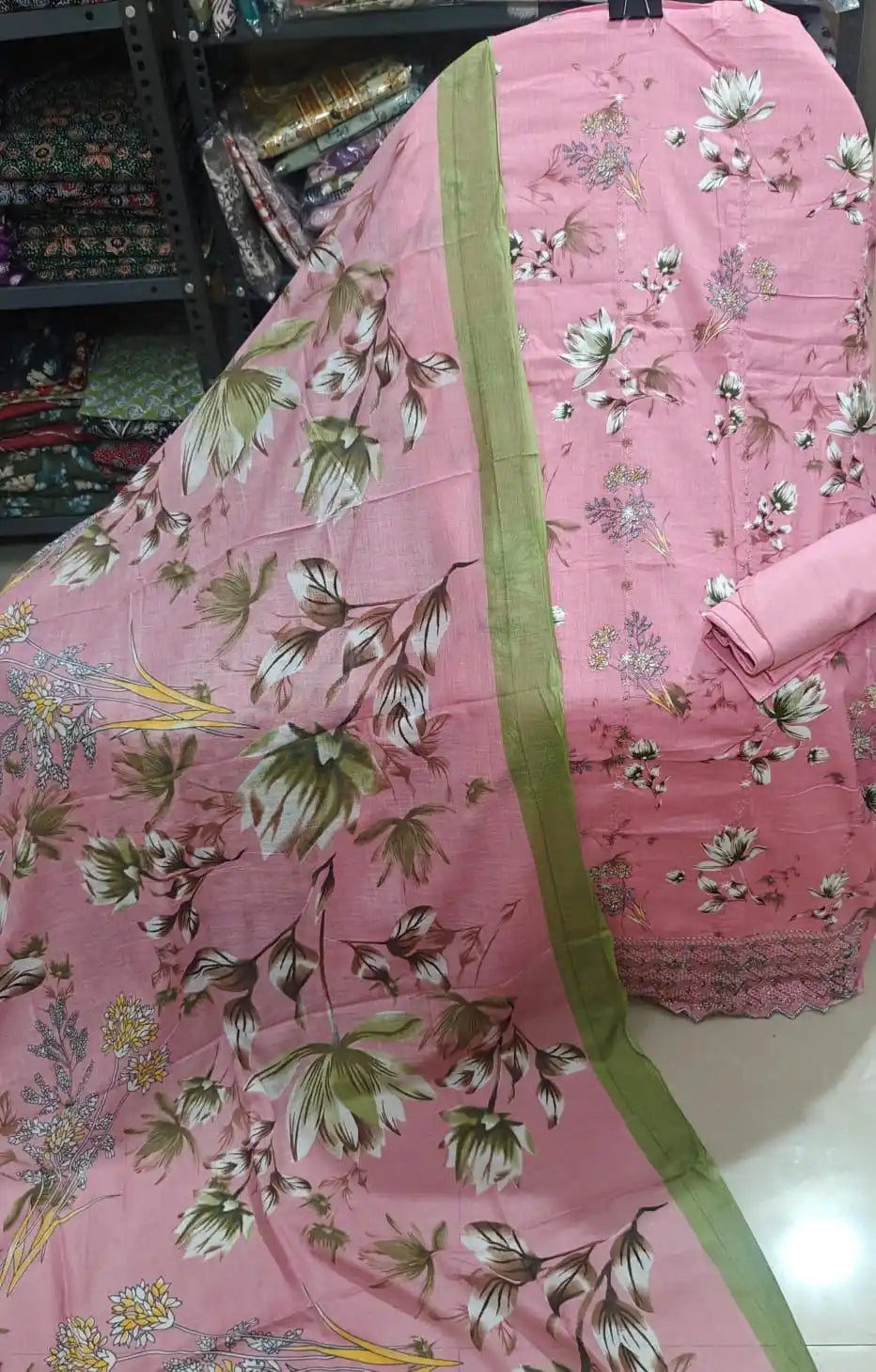 Pink Floral Cotton Unstitched Dress Material by ASC