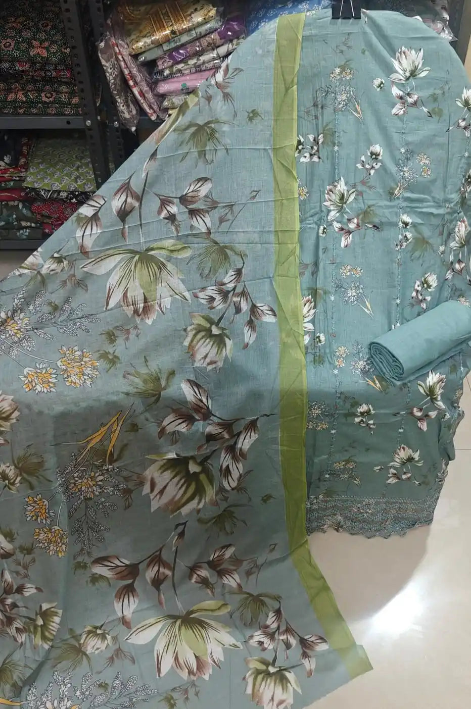 Grey Floral Unstitched Dress Material by ASC