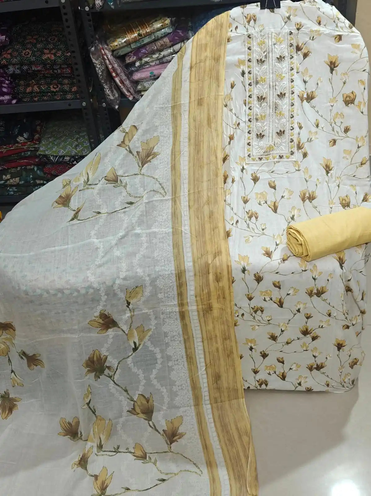 Cream Mustard Cotton Unstitched Dress Material by ASC