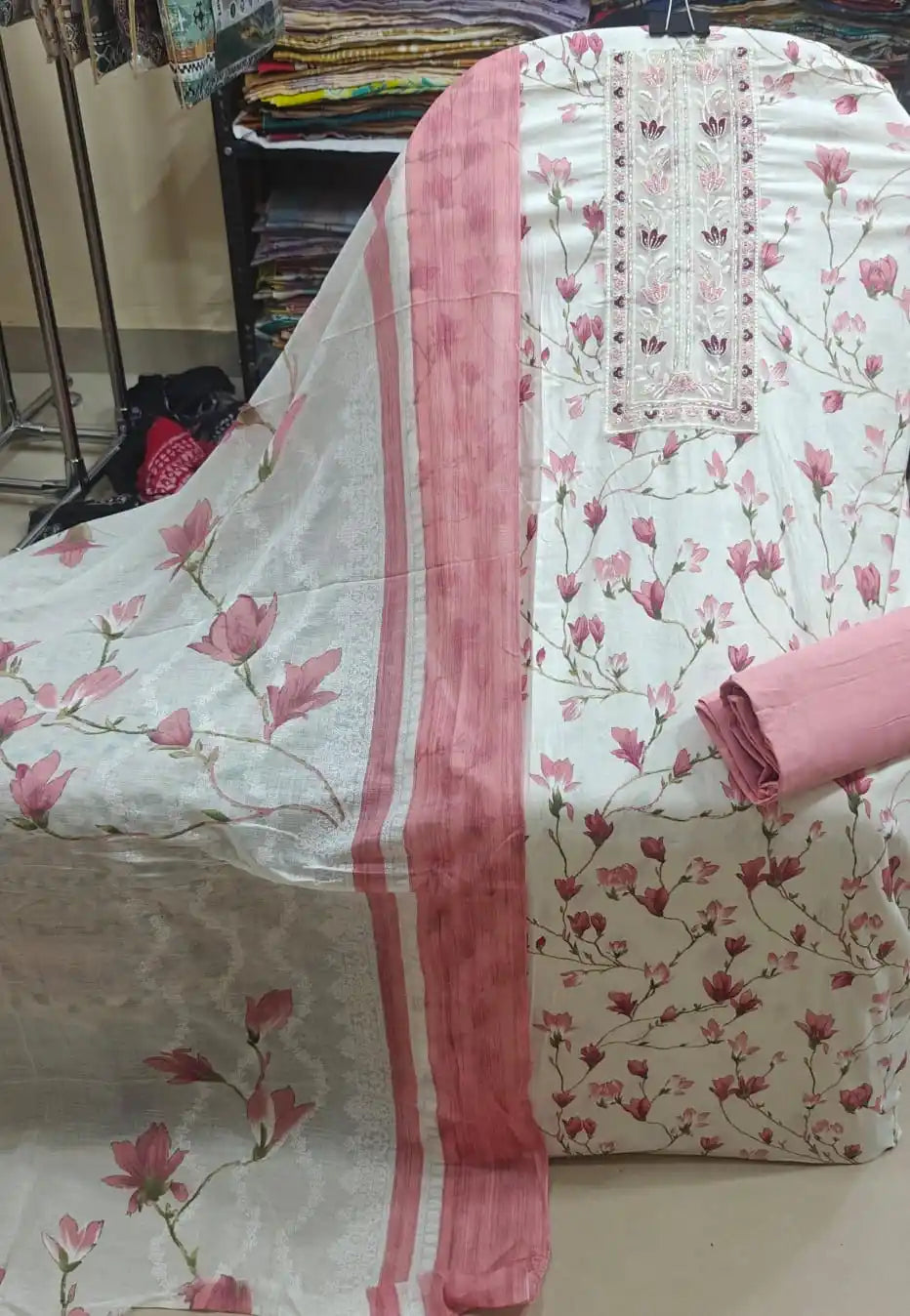 Pink Floral Cotton Unstitched Dress Material by ASC