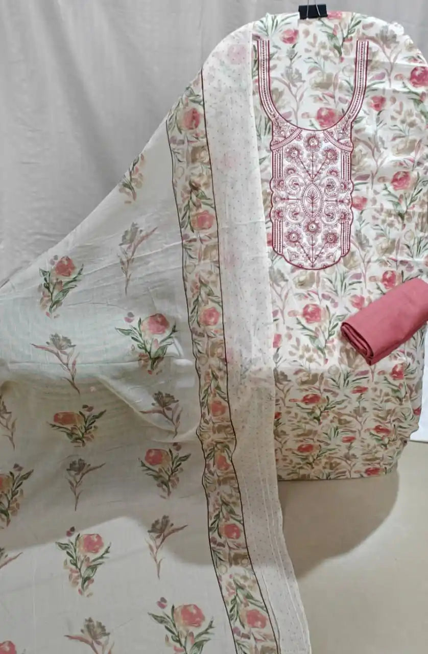Pink Floral Cotton Unstitched Dress Material by ASC