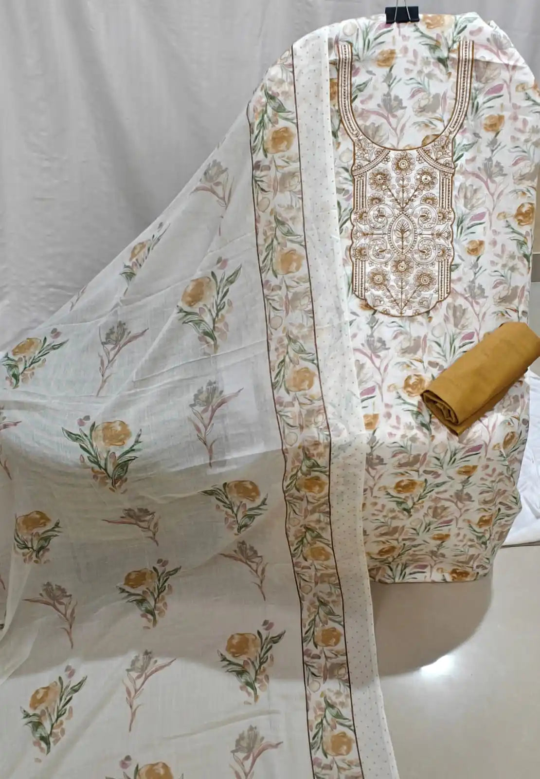 Beige Floral Cotton Unstitched Dress Material by ASC