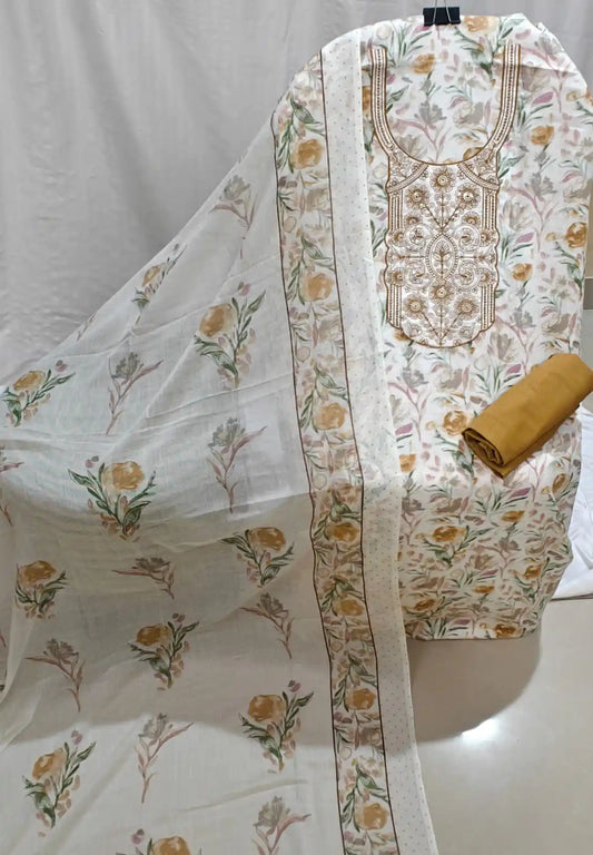 Beige Floral Cotton Unstitched Dress Material by ASC