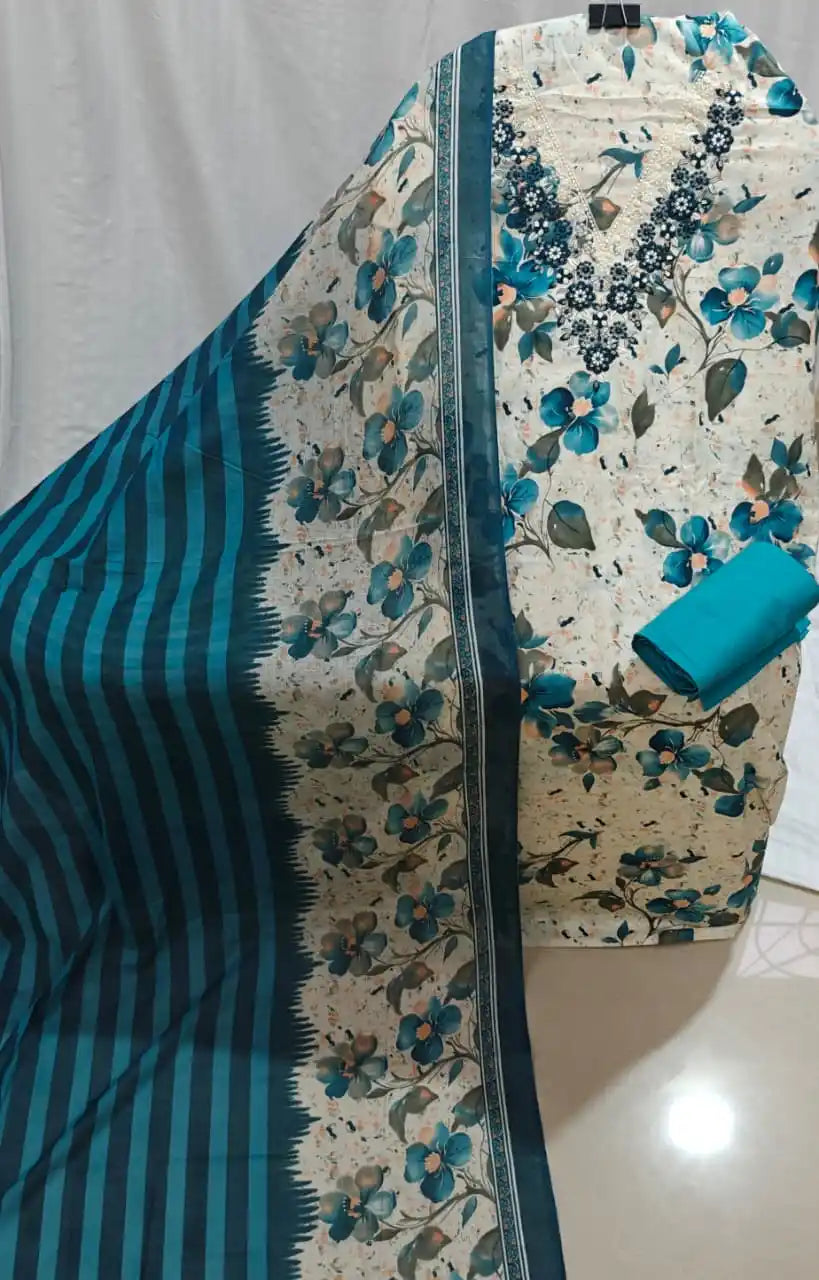 Blue Floral Embroidered Neck Suit By ASC