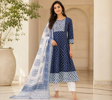 Navy Blue Cotton Anarkali suit  by ASC