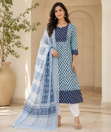 Daily Grace Sky Blue Printed Cotton Anarkali Suit by ASC
