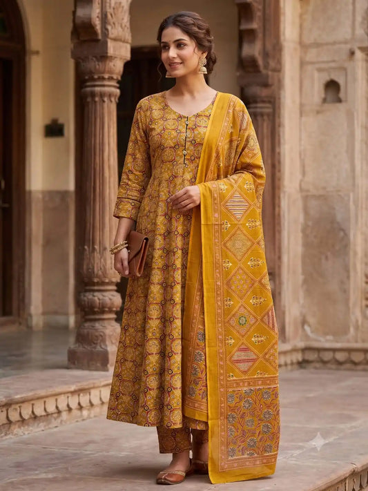 Printed Cotton Anarkali Kurta Set By ASC